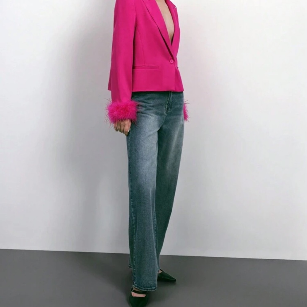 Vibrant Pink Blazer with Feather Cuffs - Picture 4 of 6